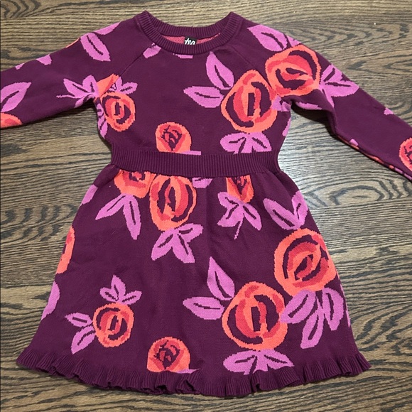 Tea Collection Other - Tea Collection long Sleeve Purple Pink Sweater Floral Dress Sz 6‎ Ruffles k7061